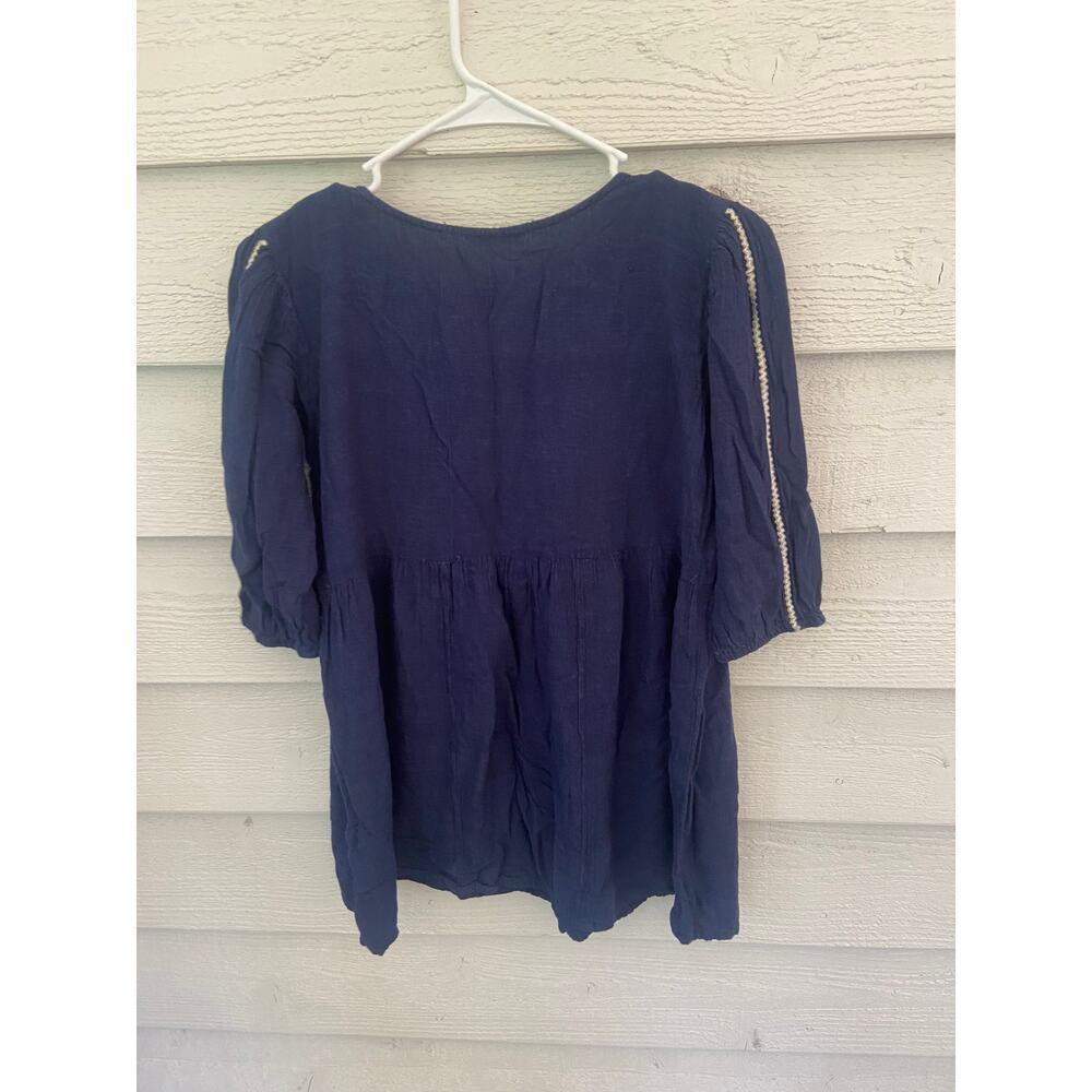 Bronz Navy Embroidered Peasant Top Boho 3/4 Sleeve Babydoll Blouse Size Medium - Picture 5 of 6